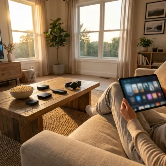 Photorealistische Szene eines modernen Wohnzimmers bei natürlichem Abendlicht, eine einzelne Person sitzt entspannt auf einem Sofa mit Fernbedienung und Tablet, auf dem Couchtisch liegen Popcorn, Kopfhörer und mehrere neutrale Streaming-Geräte ohne sichtbare Logos oder Schrift. Warme, realistische Texturen bei Stoff, Holz und Glas, klarer Fokus auf die Auswahl zwischen Filmen und Serien, ruhige filmische Stimmung, kein Text, keine Buchstaben, keine Zahlen im Bild.