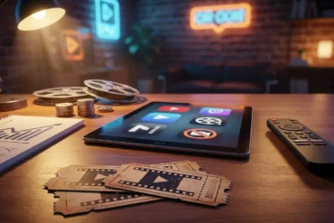 Fotorealistische Hero-Szene mit mehreren Streaming-Konzepten nebeneinander auf einem modernen Wohnzimmertisch, Tablet, Smart-TV-Fernbedienung, Notizblock mit Preisvergleich, warme natürliche Lichtstimmung, realistische Texturen, aufgeräumtes modernes Ambiente, kein Text im Bild
