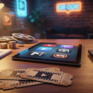 Fotorealistische Hero-Szene mit mehreren Streaming-Konzepten nebeneinander auf einem modernen Wohnzimmertisch, Tablet, Smart-TV-Fernbedienung, Notizblock mit Preisvergleich, warme natürliche Lichtstimmung, realistische Texturen, aufgeräumtes modernes Ambiente, kein Text im Bild