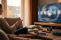 Fotorealistische Szene in einem modernen Wohnzimmer bei natürlichem Abendlicht: eine einzelne Person sitzt entspannt auf einem Sofa, hält eine Fernbedienung in der Hand und blickt auf einen großen Fernseher mit erkennbar abstrakter Streaming-Oberfläche ohne lesbare Schrift, daneben liegen Popcorn, eine Decke und ein Tablet auf einem Couchtisch. Warme, natürliche Farben, realistische Stoff- und Holztexturen, dezente Tiefenschärfe, gemütliche und zugleich aufgeräumte Stimmung, professioneller Editorial-Look ohne jegliche Text- oder Zahlenelemente im Bild.