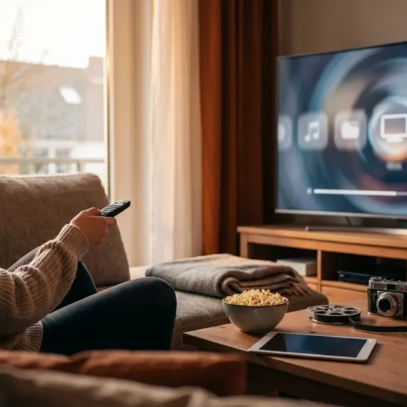 Fotorealistische Szene in einem modernen Wohnzimmer bei natürlichem Abendlicht: eine einzelne Person sitzt entspannt auf einem Sofa, hält eine Fernbedienung in der Hand und blickt auf einen großen Fernseher mit erkennbar abstrakter Streaming-Oberfläche ohne lesbare Schrift, daneben liegen Popcorn, eine Decke und ein Tablet auf einem Couchtisch. Warme, natürliche Farben, realistische Stoff- und Holztexturen, dezente Tiefenschärfe, gemütliche und zugleich aufgeräumte Stimmung, professioneller Editorial-Look ohne jegliche Text- oder Zahlenelemente im Bild.