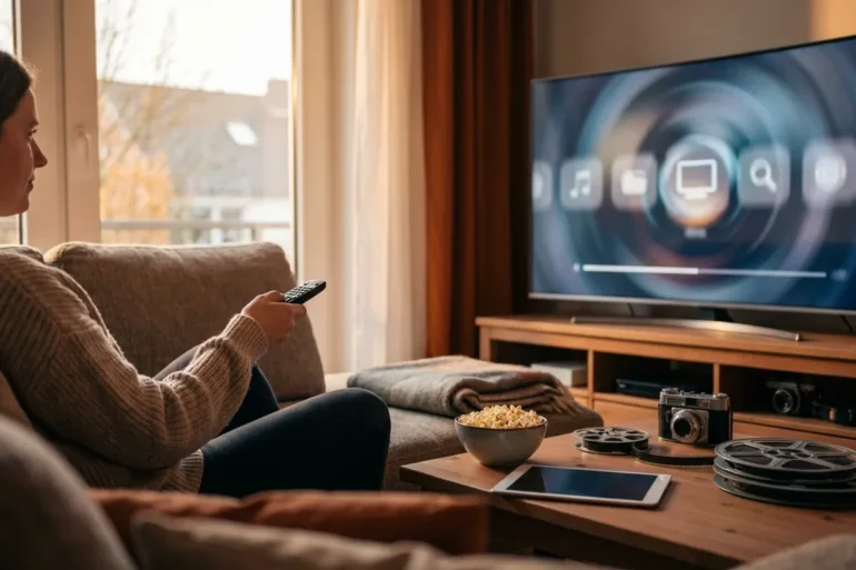Fotorealistische Szene in einem modernen Wohnzimmer bei natürlichem Abendlicht: eine einzelne Person sitzt entspannt auf einem Sofa, hält eine Fernbedienung in der Hand und blickt auf einen großen Fernseher mit erkennbar abstrakter Streaming-Oberfläche ohne lesbare Schrift, daneben liegen Popcorn, eine Decke und ein Tablet auf einem Couchtisch. Warme, natürliche Farben, realistische Stoff- und Holztexturen, dezente Tiefenschärfe, gemütliche und zugleich aufgeräumte Stimmung, professioneller Editorial-Look ohne jegliche Text- oder Zahlenelemente im Bild.