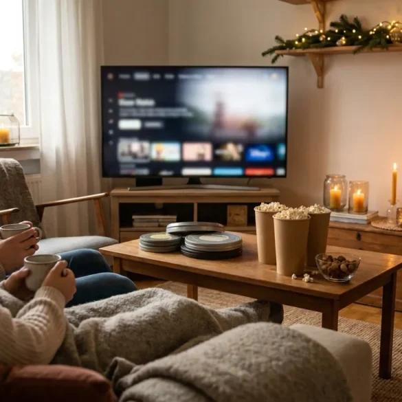 Fotorealistische Szene eines gemütlichen Wohnzimmers in der Adventszeit mit genau 2 Personen auf einem Sofa, eine Streaming-Oberfläche unscharf auf einem Fernseher im Hintergrund, warme Decken, Kerzenlicht, Tannenzweige und weiche Lichterketten, natürliches Abendlicht von einem Fenster kombiniert mit warmen Innenlichtern, realistische Stofftexturen, Holz, Glas und winterliche Details. Die Komposition wirkt einladend und hochwertig, mit Fokus auf entspannte Weihnachtsstimmung, authentische Hauttöne, feine Schatten, dezente Rot-, Grün- und Goldtöne, ohne jegliche Schrift, Symbole oder sichtbare Logos im Bild.