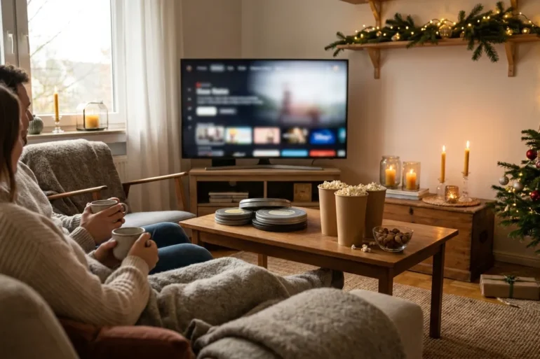 Fotorealistische Szene eines gemütlichen Wohnzimmers in der Adventszeit mit genau 2 Personen auf einem Sofa, eine Streaming-Oberfläche unscharf auf einem Fernseher im Hintergrund, warme Decken, Kerzenlicht, Tannenzweige und weiche Lichterketten, natürliches Abendlicht von einem Fenster kombiniert mit warmen Innenlichtern, realistische Stofftexturen, Holz, Glas und winterliche Details. Die Komposition wirkt einladend und hochwertig, mit Fokus auf entspannte Weihnachtsstimmung, authentische Hauttöne, feine Schatten, dezente Rot-, Grün- und Goldtöne, ohne jegliche Schrift, Symbole oder sichtbare Logos im Bild.