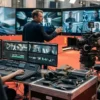 Photorealistische Szene in einem modernen Filmstudio mit genau 3 Personen: ein Regisseur vor mehreren Monitoren, ein Editor an einer Schnittstation und eine Kamerafrau neben professionellem Kamera-Equipment, während auf den Bildschirmen abstrakte visuelle Effekte und Filmsequenzen ohne jegliche Schrift zu sehen sind. Natürliches, weiches Studiolicht, realistische Hauttöne, detaillierte Texturen von Metall, Glas, Kabeln und Stoffen, cineastische Farbgebung in kühlen Blau- und warmen Bernsteintönen, ruhige konzentrierte Stimmung mit hochwertiger, glaubwürdiger Produktionsumgebung.