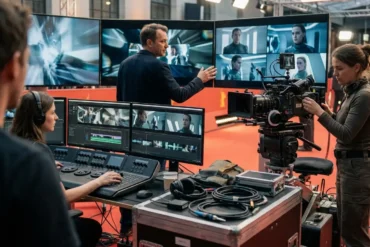 Photorealistische Szene in einem modernen Filmstudio mit genau 3 Personen: ein Regisseur vor mehreren Monitoren, ein Editor an einer Schnittstation und eine Kamerafrau neben professionellem Kamera-Equipment, während auf den Bildschirmen abstrakte visuelle Effekte und Filmsequenzen ohne jegliche Schrift zu sehen sind. Natürliches, weiches Studiolicht, realistische Hauttöne, detaillierte Texturen von Metall, Glas, Kabeln und Stoffen, cineastische Farbgebung in kühlen Blau- und warmen Bernsteintönen, ruhige konzentrierte Stimmung mit hochwertiger, glaubwürdiger Produktionsumgebung.