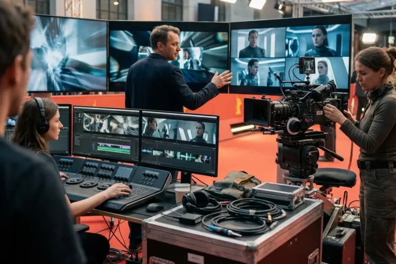 Photorealistische Szene in einem modernen Filmstudio mit genau 3 Personen: ein Regisseur vor mehreren Monitoren, ein Editor an einer Schnittstation und eine Kamerafrau neben professionellem Kamera-Equipment, während auf den Bildschirmen abstrakte visuelle Effekte und Filmsequenzen ohne jegliche Schrift zu sehen sind. Natürliches, weiches Studiolicht, realistische Hauttöne, detaillierte Texturen von Metall, Glas, Kabeln und Stoffen, cineastische Farbgebung in kühlen Blau- und warmen Bernsteintönen, ruhige konzentrierte Stimmung mit hochwertiger, glaubwürdiger Produktionsumgebung.