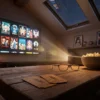 Stilvolle Heimkino-Szene mit mehreren Anime-Filmoptionen auf einem großen Fernseher, gemütliches Wohnzimmer, dezente Sammlerobjekte im Hintergrund, warme natürliche Beleuchtung, realistische Texturen, fotorealistische Fotografie, kein Text im Bild
