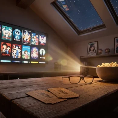 Stilvolle Heimkino-Szene mit mehreren Anime-Filmoptionen auf einem großen Fernseher, gemütliches Wohnzimmer, dezente Sammlerobjekte im Hintergrund, warme natürliche Beleuchtung, realistische Texturen, fotorealistische Fotografie, kein Text im Bild