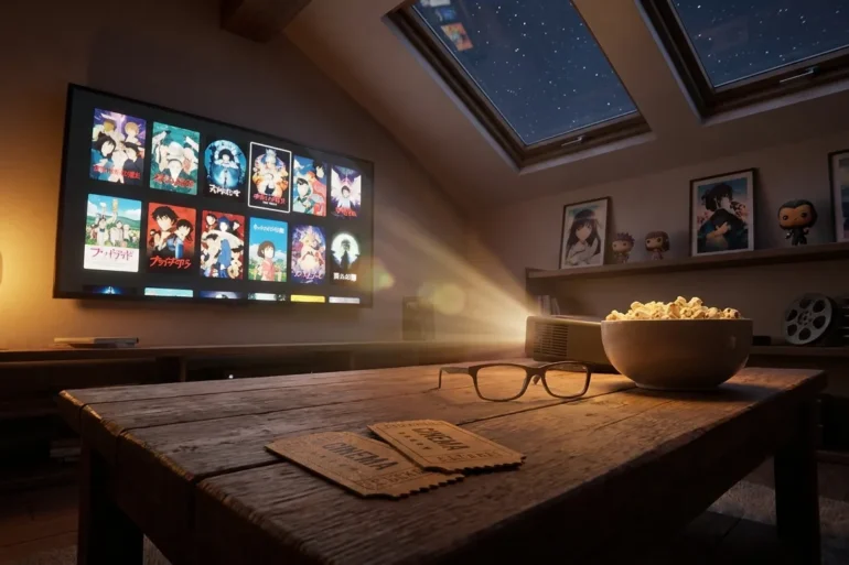 Stilvolle Heimkino-Szene mit mehreren Anime-Filmoptionen auf einem großen Fernseher, gemütliches Wohnzimmer, dezente Sammlerobjekte im Hintergrund, warme natürliche Beleuchtung, realistische Texturen, fotorealistische Fotografie, kein Text im Bild