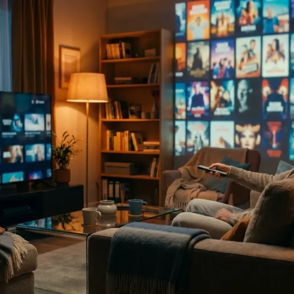 Fotorealistische Szene in einem gemütlichen deutschen Wohnzimmer bei natürlichem Abendlicht: eine einzelne Person sitzt entspannt auf einem Sofa, hält eine Fernbedienung in der Hand und blickt auf einen modernen Fernseher mit einer neutralen Streaming-Oberfläche ohne lesbaren Text, dazu warme Lampenstimmung, weiche Decken, realistische Stofftexturen und ein aufgeräumtes Wohnambiente. Dezente Farben, glaubwürdige Hauttöne, natürliche Schatten, hochwertige Glas- und Holzoberflächen, cineastische Komposition mit Fokus auf entspannte Serienauswahl und dem Gefühl von kostenlosem Streaming zuhause.