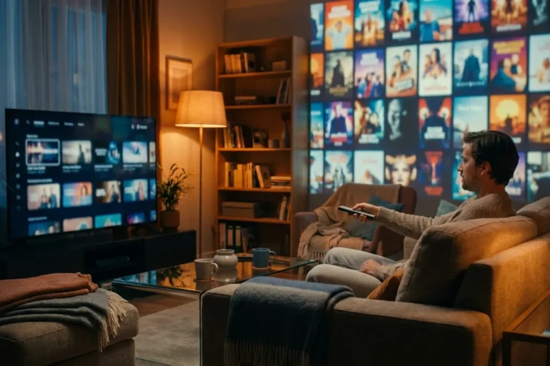 Fotorealistische Szene in einem gemütlichen deutschen Wohnzimmer bei natürlichem Abendlicht: eine einzelne Person sitzt entspannt auf einem Sofa, hält eine Fernbedienung in der Hand und blickt auf einen modernen Fernseher mit einer neutralen Streaming-Oberfläche ohne lesbaren Text, dazu warme Lampenstimmung, weiche Decken, realistische Stofftexturen und ein aufgeräumtes Wohnambiente. Dezente Farben, glaubwürdige Hauttöne, natürliche Schatten, hochwertige Glas- und Holzoberflächen, cineastische Komposition mit Fokus auf entspannte Serienauswahl und dem Gefühl von kostenlosem Streaming zuhause.