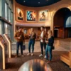 Innenansicht eines modernen Multiplex-Kinos im CinemaxX-Stil mit 4 Personen im Foyer vor dezent beleuchteten Ticket-Terminals, warme natürliche Lichtstimmung durch große Glasfronten, realistische Materialien wie gebürstetes Metall, Teppich, Glas und Leder, klarer Fokus auf Kinoatmosphäre, Wegführung und entspanntes Ankommen. Im Hintergrund sichtbar ein großzügiger Eingangsbereich zu den Sälen und eine subtile Snack-Theke ohne lesbare Beschriftung, fotorealistische Texturen, natürliche Farben, ausgewogene Komposition, keine Schrift, keine Zahlen, keine Logos.