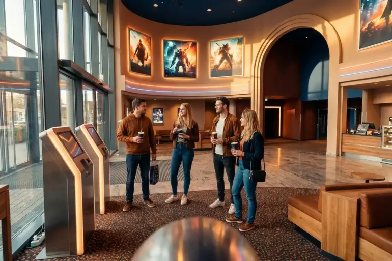 Innenansicht eines modernen Multiplex-Kinos im CinemaxX-Stil mit 4 Personen im Foyer vor dezent beleuchteten Ticket-Terminals, warme natürliche Lichtstimmung durch große Glasfronten, realistische Materialien wie gebürstetes Metall, Teppich, Glas und Leder, klarer Fokus auf Kinoatmosphäre, Wegführung und entspanntes Ankommen. Im Hintergrund sichtbar ein großzügiger Eingangsbereich zu den Sälen und eine subtile Snack-Theke ohne lesbare Beschriftung, fotorealistische Texturen, natürliche Farben, ausgewogene Komposition, keine Schrift, keine Zahlen, keine Logos.