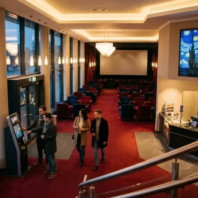 Photorealistische Szene in einem modernen deutschen Multiplex-Kino im Stil von CineStar, mit genau 4 Personen beim entspannten Ticketkauf und anschließenden Betreten eines hellen Foyers, natürliche Beleuchtung durch große Glasflächen und warme Innenlichter, realistische Texturen bei Polstersitzen, Teppich, Metallgeländern und Snacktheke. Im Hintergrund ein sauberer Kinosaal mit bequemen roten und dunklen Komfortsitzen, stimmungsvolle Abendatmosphäre, detailreiche Reflexionen, natürliche Hauttöne, keine Schrift, keine Logos, keine Zahlen, keine sichtbaren Textelemente.