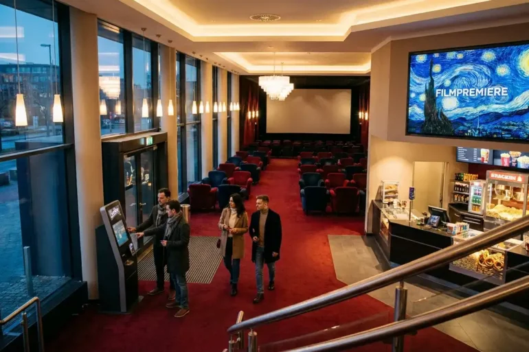 Photorealistische Szene in einem modernen deutschen Multiplex-Kino im Stil von CineStar, mit genau 4 Personen beim entspannten Ticketkauf und anschließenden Betreten eines hellen Foyers, natürliche Beleuchtung durch große Glasflächen und warme Innenlichter, realistische Texturen bei Polstersitzen, Teppich, Metallgeländern und Snacktheke. Im Hintergrund ein sauberer Kinosaal mit bequemen roten und dunklen Komfortsitzen, stimmungsvolle Abendatmosphäre, detailreiche Reflexionen, natürliche Hauttöne, keine Schrift, keine Logos, keine Zahlen, keine sichtbaren Textelemente.