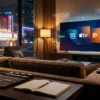 Fotorealistische Hero-Szene für einen Streaming-Vergleich: moderner Wohnraum mit großem Fernseher, dezente Benutzeroberflächen-Anmutung verschiedener Streaming-Dienste auf mehreren schwebenden Karten nebeneinander, Fernbedienung und Notizbuch auf einem Couchtisch, warme natürliche Beleuchtung, realistische Texturen, cineastische Atmosphäre, ohne Text im Bild
