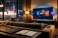 Fotorealistische Hero-Szene für einen Streaming-Vergleich: moderner Wohnraum mit großem Fernseher, dezente Benutzeroberflächen-Anmutung verschiedener Streaming-Dienste auf mehreren schwebenden Karten nebeneinander, Fernbedienung und Notizbuch auf einem Couchtisch, warme natürliche Beleuchtung, realistische Texturen, cineastische Atmosphäre, ohne Text im Bild
