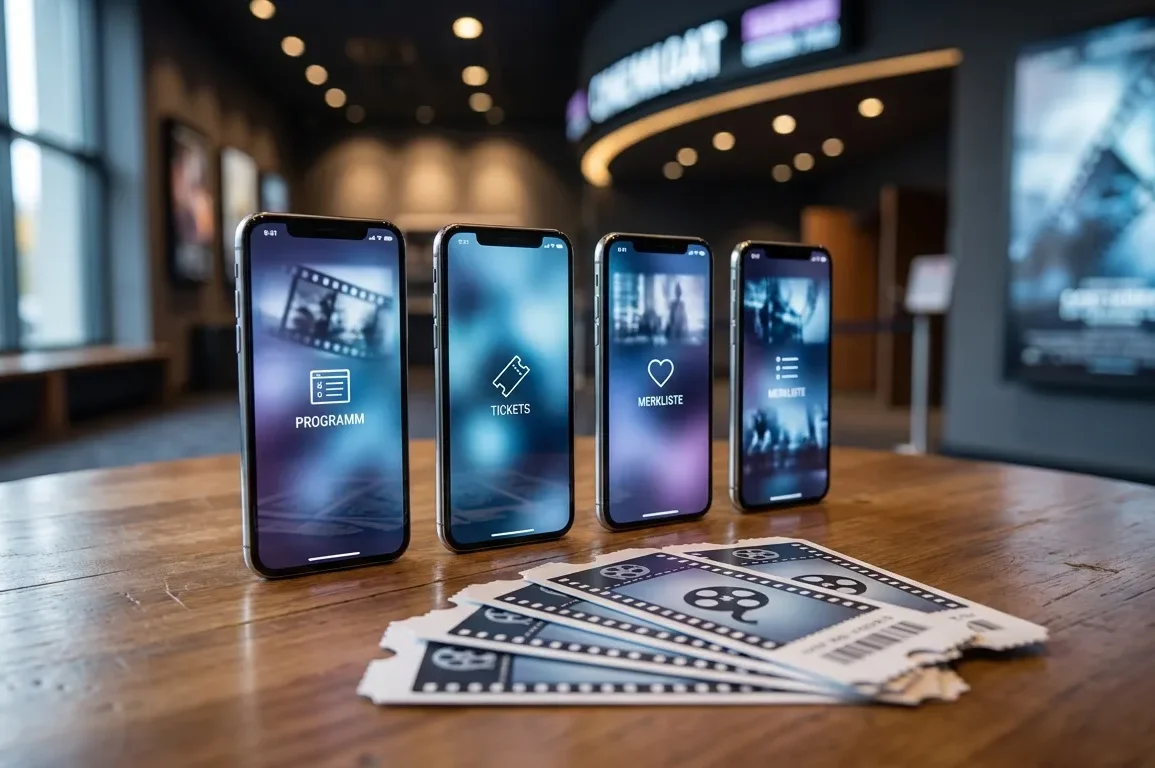 Fotorealistische Hero-Szene mit vier modernen Smartphones nebeneinander auf einem Tisch im Kinofoyer, auf den Displays abstrahierte Kino-App-Oberflächen für Programm, Tickets und Merkliste, dezente Kinolichter im Hintergrund, natürliche Beleuchtung, realistische Texturen von Glas, Metall und Holz, hochwertige redaktionelle Vergleichsoptik, kein Text im Bild