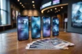 Fotorealistische Hero-Szene mit vier modernen Smartphones nebeneinander auf einem Tisch im Kinofoyer, auf den Displays abstrahierte Kino-App-Oberflächen für Programm, Tickets und Merkliste, dezente Kinolichter im Hintergrund, natürliche Beleuchtung, realistische Texturen von Glas, Metall und Holz, hochwertige redaktionelle Vergleichsoptik, kein Text im Bild