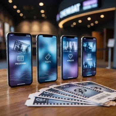 Fotorealistische Hero-Szene mit vier modernen Smartphones nebeneinander auf einem Tisch im Kinofoyer, auf den Displays abstrahierte Kino-App-Oberflächen für Programm, Tickets und Merkliste, dezente Kinolichter im Hintergrund, natürliche Beleuchtung, realistische Texturen von Glas, Metall und Holz, hochwertige redaktionelle Vergleichsoptik, kein Text im Bild