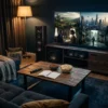 Fotorealistische Hero-Szene für einen Artikel über die besten Miniserien: ein gemütliches modernes Wohnzimmer bei natürlichem Abendlicht, auf einem Couchtisch liegen Fernbedienung, Notizbuch und Snacks, auf einem großen Fernseher sind mehrere visuell unterschiedliche Serienwelten als neutrale, nicht markengeschützte Szenen angedeutet, cineastische Stimmung, realistische Texturen, weiche Schatten, hochwertige Innenraumfotografie, kein Text im Bild