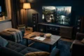 Fotorealistische Hero-Szene für einen Artikel über die besten Miniserien: ein gemütliches modernes Wohnzimmer bei natürlichem Abendlicht, auf einem Couchtisch liegen Fernbedienung, Notizbuch und Snacks, auf einem großen Fernseher sind mehrere visuell unterschiedliche Serienwelten als neutrale, nicht markengeschützte Szenen angedeutet, cineastische Stimmung, realistische Texturen, weiche Schatten, hochwertige Innenraumfotografie, kein Text im Bild