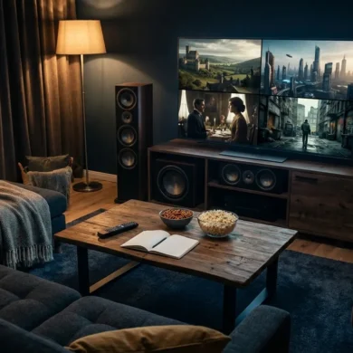 Fotorealistische Hero-Szene für einen Artikel über die besten Miniserien: ein gemütliches modernes Wohnzimmer bei natürlichem Abendlicht, auf einem Couchtisch liegen Fernbedienung, Notizbuch und Snacks, auf einem großen Fernseher sind mehrere visuell unterschiedliche Serienwelten als neutrale, nicht markengeschützte Szenen angedeutet, cineastische Stimmung, realistische Texturen, weiche Schatten, hochwertige Innenraumfotografie, kein Text im Bild