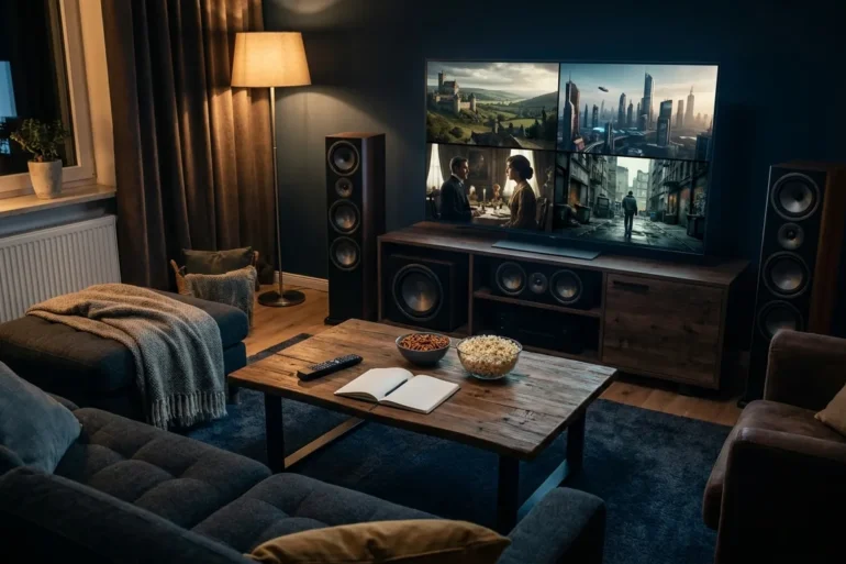 Fotorealistische Hero-Szene für einen Artikel über die besten Miniserien: ein gemütliches modernes Wohnzimmer bei natürlichem Abendlicht, auf einem Couchtisch liegen Fernbedienung, Notizbuch und Snacks, auf einem großen Fernseher sind mehrere visuell unterschiedliche Serienwelten als neutrale, nicht markengeschützte Szenen angedeutet, cineastische Stimmung, realistische Texturen, weiche Schatten, hochwertige Innenraumfotografie, kein Text im Bild
