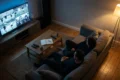 Ein moderner Wohnzimmerabend mit genau 2 Personen auf einem Sofa, vor einem großen Fernseher mit einer spannenden dokumentarischen Bildwelt aus Archivmaterial, Sportmomenten und investigativer Stimmung, dazu verstreute Fernbedienung, Notizbuch und gedimmtes warmes Licht aus einer Stehlampe. Fotorealistische Szene mit natürlicher Beleuchtung, realistischen Stoff- und Holztexturen, kontrastreichen Blautönen und warmen Akzenten, ruhige aber fesselnde Atmosphäre ohne Text, ohne Logos, ohne sichtbare Schriftzeichen.