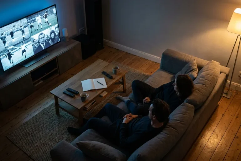 Ein moderner Wohnzimmerabend mit genau 2 Personen auf einem Sofa, vor einem großen Fernseher mit einer spannenden dokumentarischen Bildwelt aus Archivmaterial, Sportmomenten und investigativer Stimmung, dazu verstreute Fernbedienung, Notizbuch und gedimmtes warmes Licht aus einer Stehlampe. Fotorealistische Szene mit natürlicher Beleuchtung, realistischen Stoff- und Holztexturen, kontrastreichen Blautönen und warmen Akzenten, ruhige aber fesselnde Atmosphäre ohne Text, ohne Logos, ohne sichtbare Schriftzeichen.