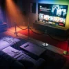 Fotorealistische Hero-Szene für einen Streaming-Vergleich: ein stilvolles Wohnzimmer bei Abendlicht, großer Fernseher mit unscharf angedeuteten Filmkacheln, vier unterschiedliche Stimmungswelten durch Licht und Farben symbolisiert, Sofa, Fernbedienung, Decke, dezente cineastische Atmosphäre, natürliche Beleuchtung, realistische Texturen, modernes hochwertiges Interior, kein Text im Bild
