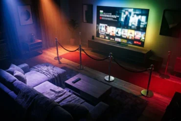 Fotorealistische Hero-Szene für einen Streaming-Vergleich: ein stilvolles Wohnzimmer bei Abendlicht, großer Fernseher mit unscharf angedeuteten Filmkacheln, vier unterschiedliche Stimmungswelten durch Licht und Farben symbolisiert, Sofa, Fernbedienung, Decke, dezente cineastische Atmosphäre, natürliche Beleuchtung, realistische Texturen, modernes hochwertiges Interior, kein Text im Bild