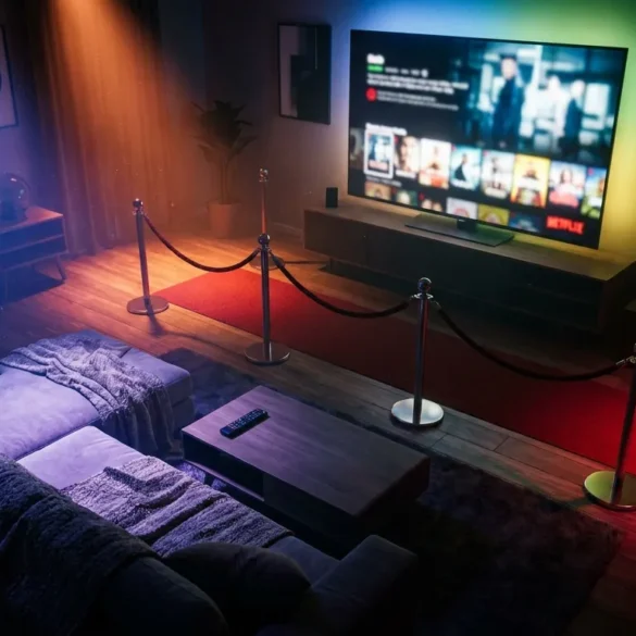 Fotorealistische Hero-Szene für einen Streaming-Vergleich: ein stilvolles Wohnzimmer bei Abendlicht, großer Fernseher mit unscharf angedeuteten Filmkacheln, vier unterschiedliche Stimmungswelten durch Licht und Farben symbolisiert, Sofa, Fernbedienung, Decke, dezente cineastische Atmosphäre, natürliche Beleuchtung, realistische Texturen, modernes hochwertiges Interior, kein Text im Bild