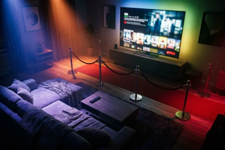Fotorealistische Hero-Szene für einen Streaming-Vergleich: ein stilvolles Wohnzimmer bei Abendlicht, großer Fernseher mit unscharf angedeuteten Filmkacheln, vier unterschiedliche Stimmungswelten durch Licht und Farben symbolisiert, Sofa, Fernbedienung, Decke, dezente cineastische Atmosphäre, natürliche Beleuchtung, realistische Texturen, modernes hochwertiges Interior, kein Text im Bild