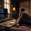 Fotorealistische Szene in einem gemütlichen Wohnzimmer bei natürlichem Abendlicht: eine einzelne Person sitzt konzentriert auf einem Sofa vor einem großen Fernseher, auf dem ein spannungsgeladener Filmabspann ohne sichtbare Schrift angedeutet wird, daneben liegen Fernbedienung, Notizbuch und eine Tasse, realistische Stofftexturen, Holzoberflächen und sanfte Schatten. Cineastische Komposition mit warmen, gedämpften Farben, subtiler Tiefenunschärfe und einer nachdenklichen Stimmung, die das Thema offene Filmenden, Filmende erklärt und Film Erklärung visuell transportiert, ohne jeglichen Text im Bild.