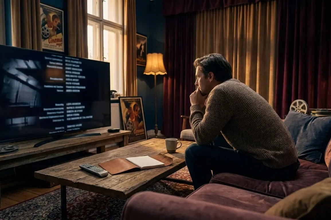 Fotorealistische Szene in einem gemütlichen Wohnzimmer bei natürlichem Abendlicht: eine einzelne Person sitzt konzentriert auf einem Sofa vor einem großen Fernseher, auf dem ein spannungsgeladener Filmabspann ohne sichtbare Schrift angedeutet wird, daneben liegen Fernbedienung, Notizbuch und eine Tasse, realistische Stofftexturen, Holzoberflächen und sanfte Schatten. Cineastische Komposition mit warmen, gedämpften Farben, subtiler Tiefenunschärfe und einer nachdenklichen Stimmung, die das Thema offene Filmenden, Filmende erklärt und Film Erklärung visuell transportiert, ohne jeglichen Text im Bild.