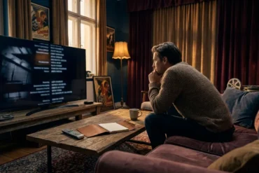 Fotorealistische Szene in einem gemütlichen Wohnzimmer bei natürlichem Abendlicht: eine einzelne Person sitzt konzentriert auf einem Sofa vor einem großen Fernseher, auf dem ein spannungsgeladener Filmabspann ohne sichtbare Schrift angedeutet wird, daneben liegen Fernbedienung, Notizbuch und eine Tasse, realistische Stofftexturen, Holzoberflächen und sanfte Schatten. Cineastische Komposition mit warmen, gedämpften Farben, subtiler Tiefenunschärfe und einer nachdenklichen Stimmung, die das Thema offene Filmenden, Filmende erklärt und Film Erklärung visuell transportiert, ohne jeglichen Text im Bild.