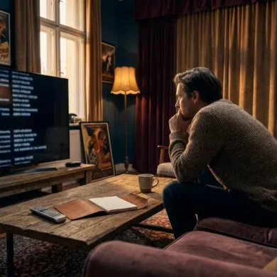 Fotorealistische Szene in einem gemütlichen Wohnzimmer bei natürlichem Abendlicht: eine einzelne Person sitzt konzentriert auf einem Sofa vor einem großen Fernseher, auf dem ein spannungsgeladener Filmabspann ohne sichtbare Schrift angedeutet wird, daneben liegen Fernbedienung, Notizbuch und eine Tasse, realistische Stofftexturen, Holzoberflächen und sanfte Schatten. Cineastische Komposition mit warmen, gedämpften Farben, subtiler Tiefenunschärfe und einer nachdenklichen Stimmung, die das Thema offene Filmenden, Filmende erklärt und Film Erklärung visuell transportiert, ohne jeglichen Text im Bild.