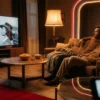 Ein gemütliches Wohnzimmer am Abend mit genau 2 Personen auf einem Sofa, vor einem großen Fernseher mit einer atmosphärischen Schwarz-Weiß-Filmszene ohne erkennbare Schrift oder Zahlen, dazu ein niedriger Couchtisch, warmes natürliches Licht von einer Stehlampe und dezente Reflexionen auf Glas und Holz. Fotorealistische Fotografie mit realistischen Texturen bei Stoff, Holz und Haut, cineastische aber natürliche Farbpalette aus warmen Braun- und Bernsteintönen, ruhige kompositorische Tiefe, ein hochwertiger Streaming-Abend mit Fokus auf Filmklassiker und entspannte Konzentration.
