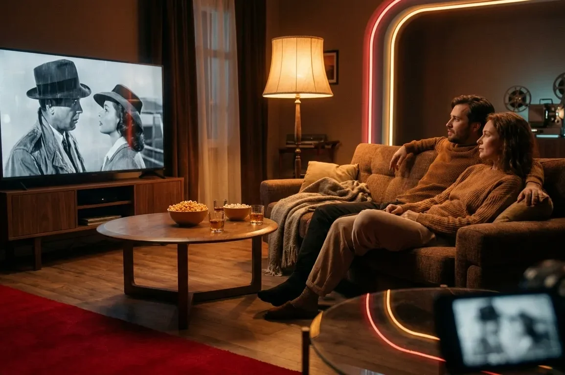 Ein gemütliches Wohnzimmer am Abend mit genau 2 Personen auf einem Sofa, vor einem großen Fernseher mit einer atmosphärischen Schwarz-Weiß-Filmszene ohne erkennbare Schrift oder Zahlen, dazu ein niedriger Couchtisch, warmes natürliches Licht von einer Stehlampe und dezente Reflexionen auf Glas und Holz. Fotorealistische Fotografie mit realistischen Texturen bei Stoff, Holz und Haut, cineastische aber natürliche Farbpalette aus warmen Braun- und Bernsteintönen, ruhige kompositorische Tiefe, ein hochwertiger Streaming-Abend mit Fokus auf Filmklassiker und entspannte Konzentration.