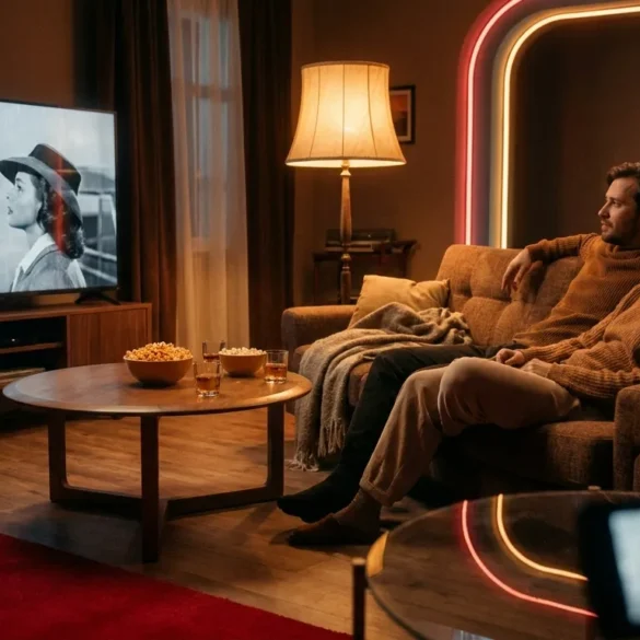 Ein gemütliches Wohnzimmer am Abend mit genau 2 Personen auf einem Sofa, vor einem großen Fernseher mit einer atmosphärischen Schwarz-Weiß-Filmszene ohne erkennbare Schrift oder Zahlen, dazu ein niedriger Couchtisch, warmes natürliches Licht von einer Stehlampe und dezente Reflexionen auf Glas und Holz. Fotorealistische Fotografie mit realistischen Texturen bei Stoff, Holz und Haut, cineastische aber natürliche Farbpalette aus warmen Braun- und Bernsteintönen, ruhige kompositorische Tiefe, ein hochwertiger Streaming-Abend mit Fokus auf Filmklassiker und entspannte Konzentration.