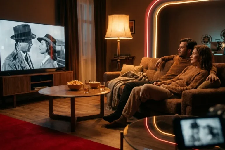 Ein gemütliches Wohnzimmer am Abend mit genau 2 Personen auf einem Sofa, vor einem großen Fernseher mit einer atmosphärischen Schwarz-Weiß-Filmszene ohne erkennbare Schrift oder Zahlen, dazu ein niedriger Couchtisch, warmes natürliches Licht von einer Stehlampe und dezente Reflexionen auf Glas und Holz. Fotorealistische Fotografie mit realistischen Texturen bei Stoff, Holz und Haut, cineastische aber natürliche Farbpalette aus warmen Braun- und Bernsteintönen, ruhige kompositorische Tiefe, ein hochwertiger Streaming-Abend mit Fokus auf Filmklassiker und entspannte Konzentration.