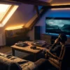 Fotorealistische Szene in einem abgedunkelten Wohnzimmer mit natürlichem Abendlicht aus einem Fenster: eine einzelne Person sitzt konzentriert vor einem großen Fernseher, auf dem ein atmosphärischer Film ohne sichtbaren Text läuft, daneben liegen Vinyl-Schallplatten und Kopfhörer auf einem Holztisch mit realistischen Texturen. Warme Gold- und tiefe Blautöne, cineastische Stimmung, feine Details wie Stofffasern, Holzmaserung und dezente Lichtreflexe, emotionaler Fokus auf das intensive Hörerlebnis von Filmmusik und Film Soundtrack, keine Schrift, keine Zahlen, keine Logos.