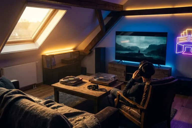 Fotorealistische Szene in einem abgedunkelten Wohnzimmer mit natürlichem Abendlicht aus einem Fenster: eine einzelne Person sitzt konzentriert vor einem großen Fernseher, auf dem ein atmosphärischer Film ohne sichtbaren Text läuft, daneben liegen Vinyl-Schallplatten und Kopfhörer auf einem Holztisch mit realistischen Texturen. Warme Gold- und tiefe Blautöne, cineastische Stimmung, feine Details wie Stofffasern, Holzmaserung und dezente Lichtreflexe, emotionaler Fokus auf das intensive Hörerlebnis von Filmmusik und Film Soundtrack, keine Schrift, keine Zahlen, keine Logos.