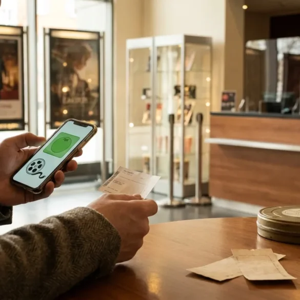 Fotorealistische Szene in einem modernen deutschen Kinofoyer mit natürlicher Beleuchtung, eine einzelne erwachsene Person prüft auf einem Smartphone die Altersfreigabe eines Films, im Hintergrund unscharf Kinoposter, Ticketschalter und warme Lichtreflexe auf Glas und Metall. Realistische Texturen von Stoffjacken, Papierkarten, Holz- und Metalloberflächen, ruhige vertrauensvolle Stimmung, ausgewogene Komposition mit klarem Fokus auf die Entscheidungssituation, keine Schrift, keine Zahlen, keine Logos.