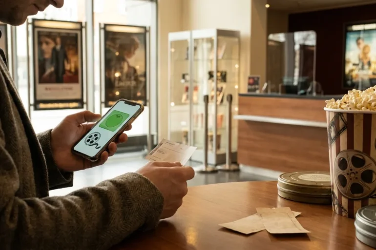 Fotorealistische Szene in einem modernen deutschen Kinofoyer mit natürlicher Beleuchtung, eine einzelne erwachsene Person prüft auf einem Smartphone die Altersfreigabe eines Films, im Hintergrund unscharf Kinoposter, Ticketschalter und warme Lichtreflexe auf Glas und Metall. Realistische Texturen von Stoffjacken, Papierkarten, Holz- und Metalloberflächen, ruhige vertrauensvolle Stimmung, ausgewogene Komposition mit klarem Fokus auf die Entscheidungssituation, keine Schrift, keine Zahlen, keine Logos.
