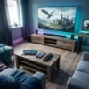 Fotorealistische Hero-Szene mit vier modernen Streaming-Oberflächen auf verschiedenen Geräten in einem stilvollen Wohnzimmer, daneben mittelalterlich inspirierte Fantasy-Elemente wie ein eiserner Thron, Kerzenlicht und Drachen-Silhouetten, natürliches Licht, realistische Stoff-, Metall- und Holztexturen, hochwertig und atmosphärisch, kein Text im Bild