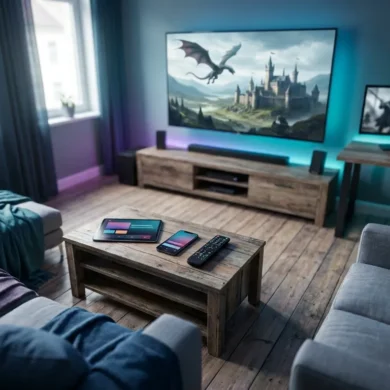 Fotorealistische Hero-Szene mit vier modernen Streaming-Oberflächen auf verschiedenen Geräten in einem stilvollen Wohnzimmer, daneben mittelalterlich inspirierte Fantasy-Elemente wie ein eiserner Thron, Kerzenlicht und Drachen-Silhouetten, natürliches Licht, realistische Stoff-, Metall- und Holztexturen, hochwertig und atmosphärisch, kein Text im Bild