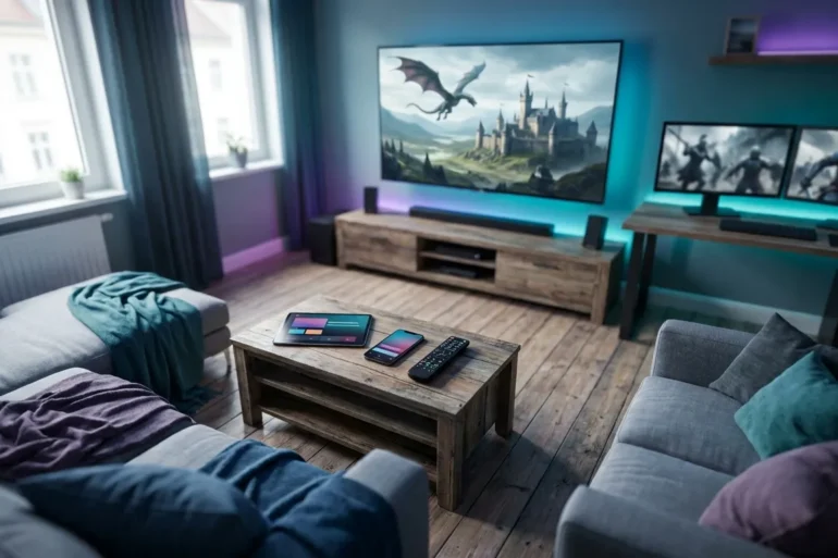 Fotorealistische Hero-Szene mit vier modernen Streaming-Oberflächen auf verschiedenen Geräten in einem stilvollen Wohnzimmer, daneben mittelalterlich inspirierte Fantasy-Elemente wie ein eiserner Thron, Kerzenlicht und Drachen-Silhouetten, natürliches Licht, realistische Stoff-, Metall- und Holztexturen, hochwertig und atmosphärisch, kein Text im Bild
